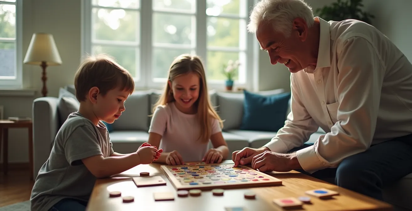 Three generations playing a board game with different complexity levels visible through game components