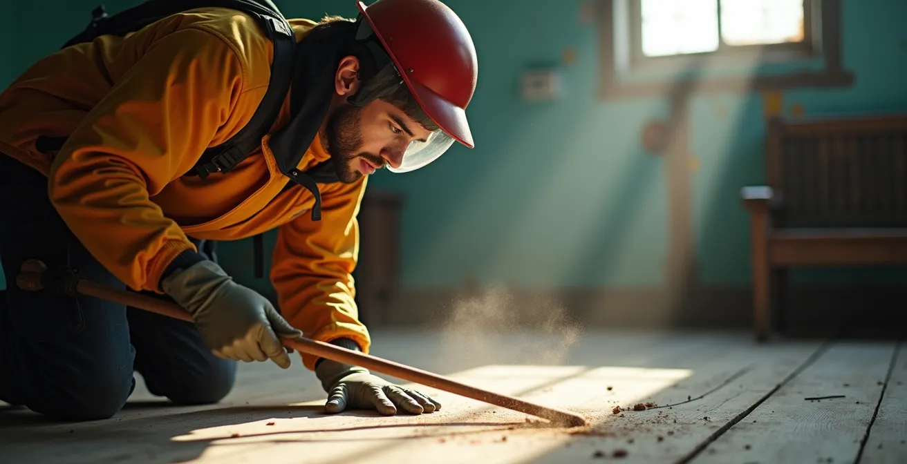 Explorer carefully testing floorboards with a long stick in dramatic side lighting