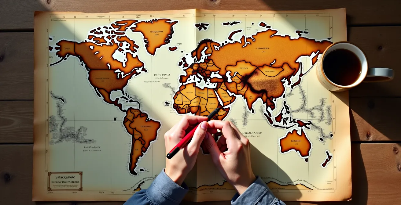 Overhead view of hands marking a vintage paper map on a wooden table with coffee cup nearby