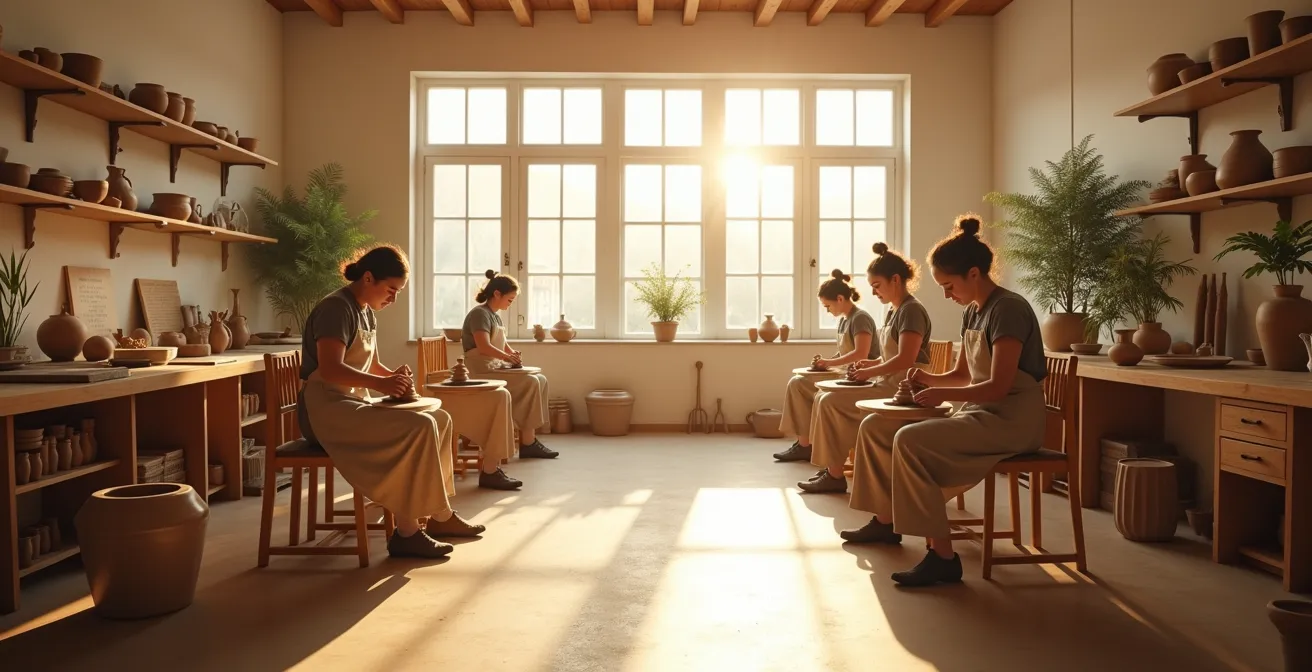 Small group enjoying pottery class in peaceful morning light studio setting