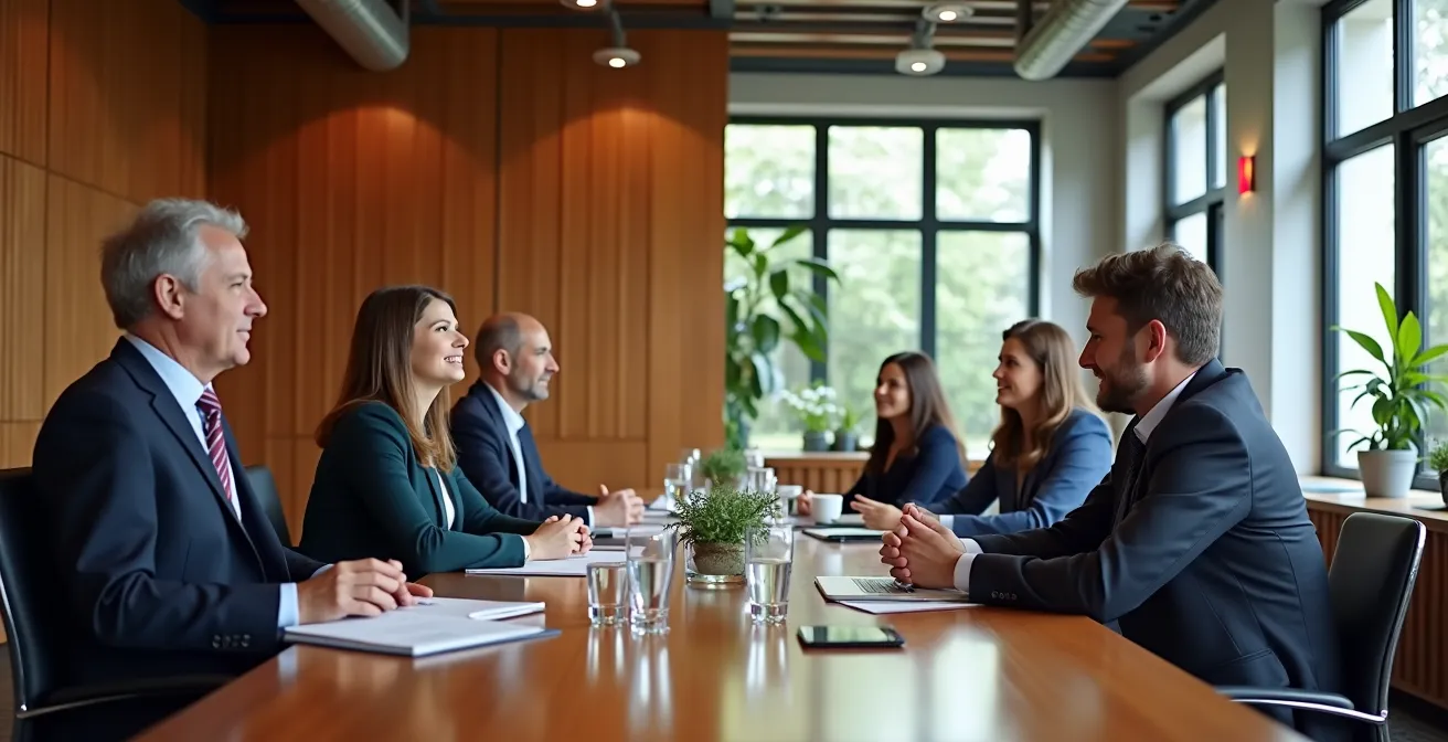 Split scene showing a formal Rotary club meeting on the left and a casual hobby meetup in a modern space on the right
