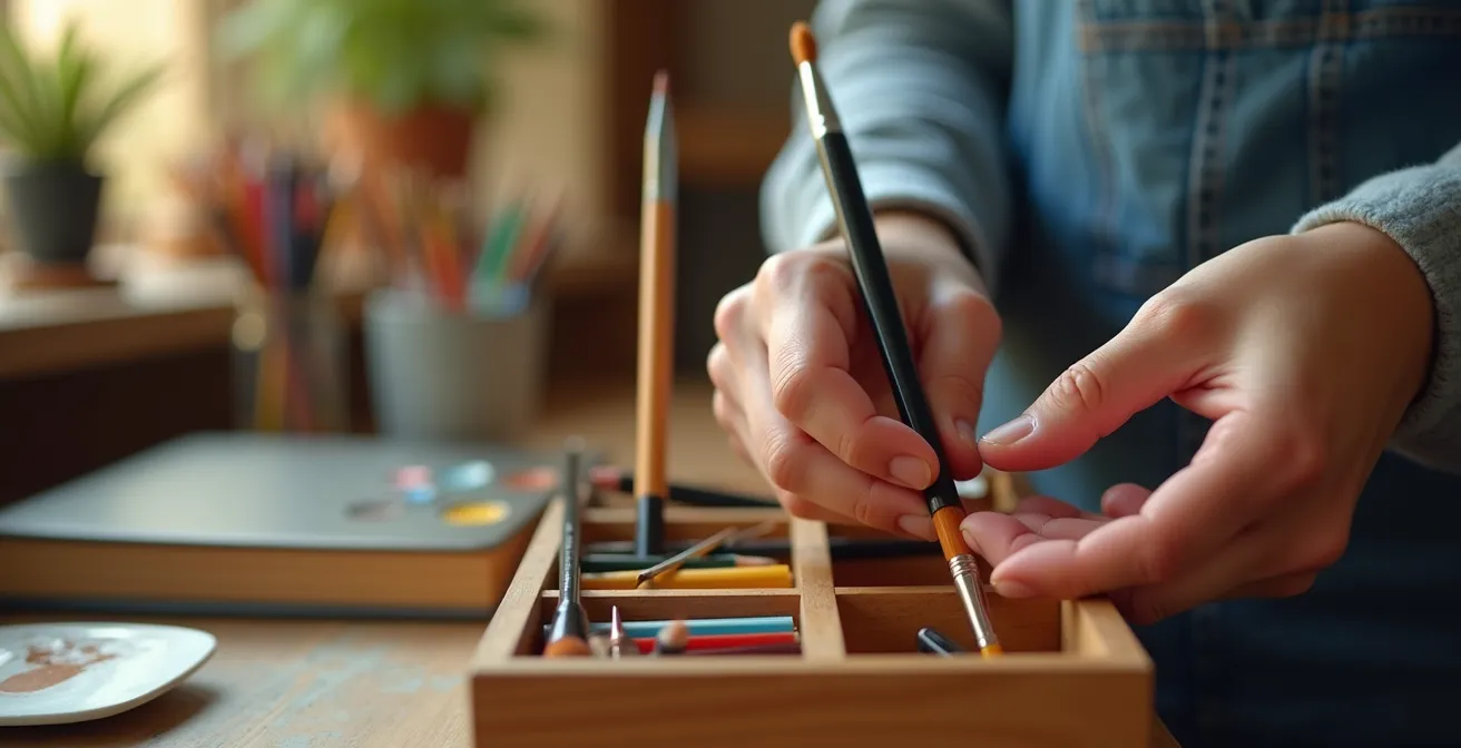 Close-up of hands carefully organizing art supplies in wooden compartments