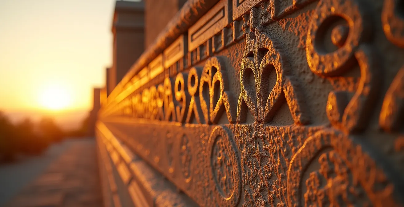 Ancient stone relief illuminated by dramatic sunset light revealing hidden inscriptions
