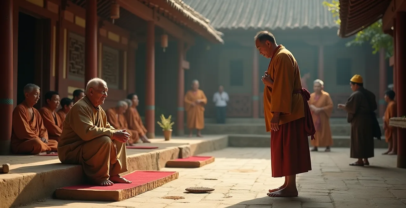 A visitor respectfully approaching an elder at the periphery of a cultural gathering