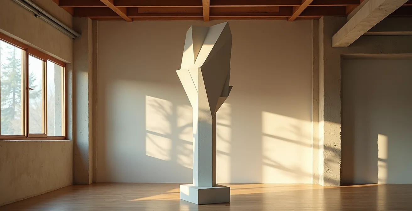 Interior space showing sculptural forms echoing architectural elements