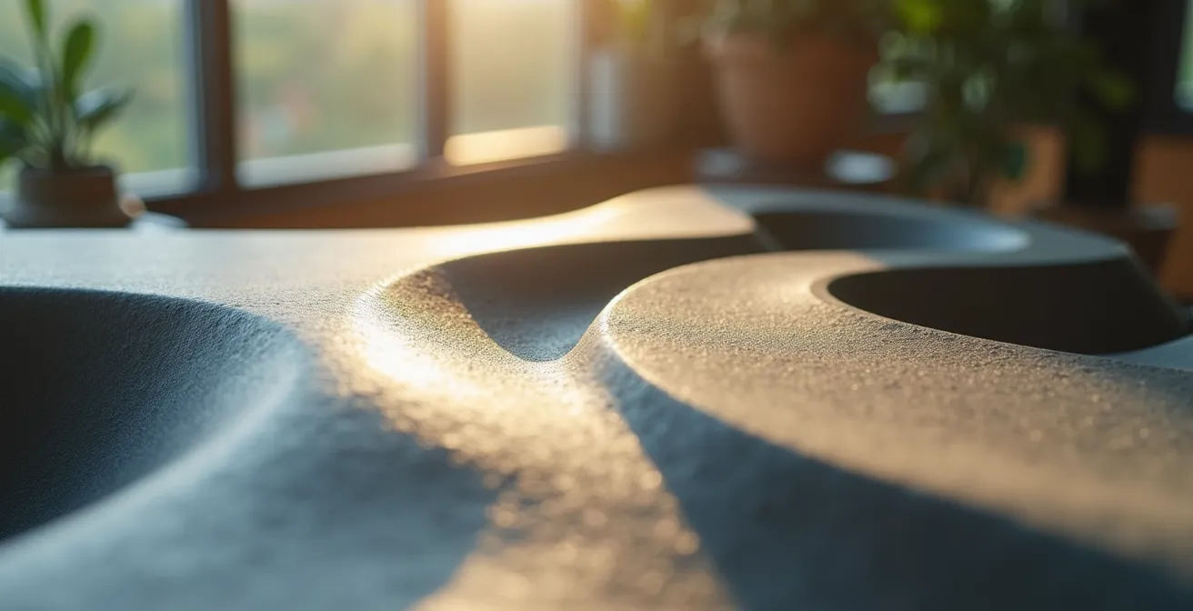 Modern sculpture creating dynamic shadows in a minimalist office space