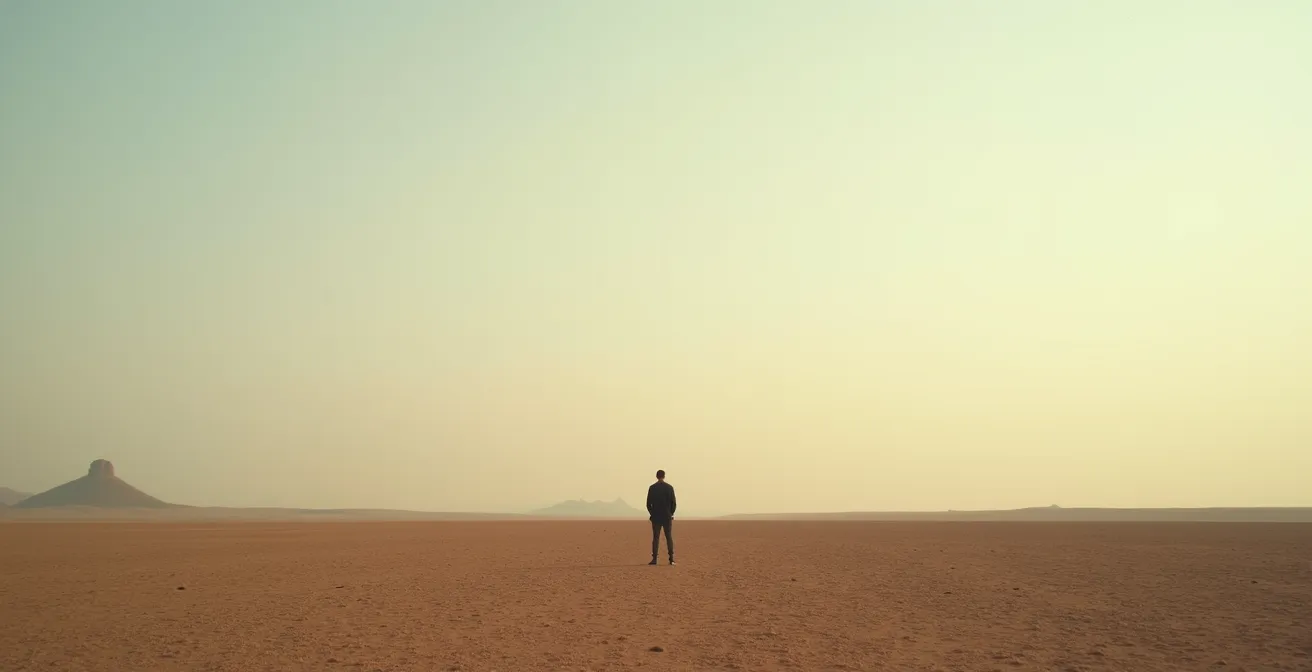 A wide minimalist landscape shot showing a solitary figure in vast open space, emphasizing the contemplative nature of slow cinema