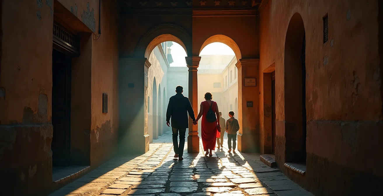 Split composition showing solo wanderer in contemplative moment versus guided cultural connection