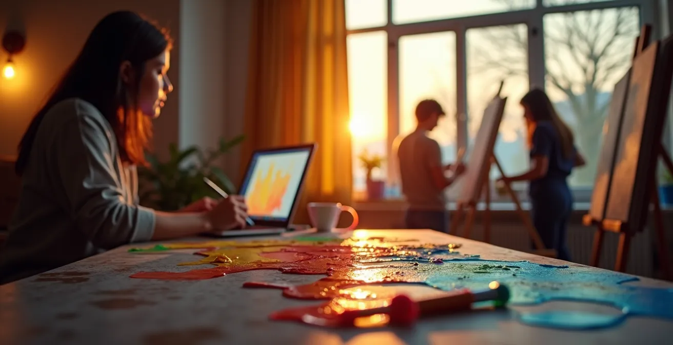 Contrasting learning environments showing a personal online tutorial setup and a collaborative in-person art class