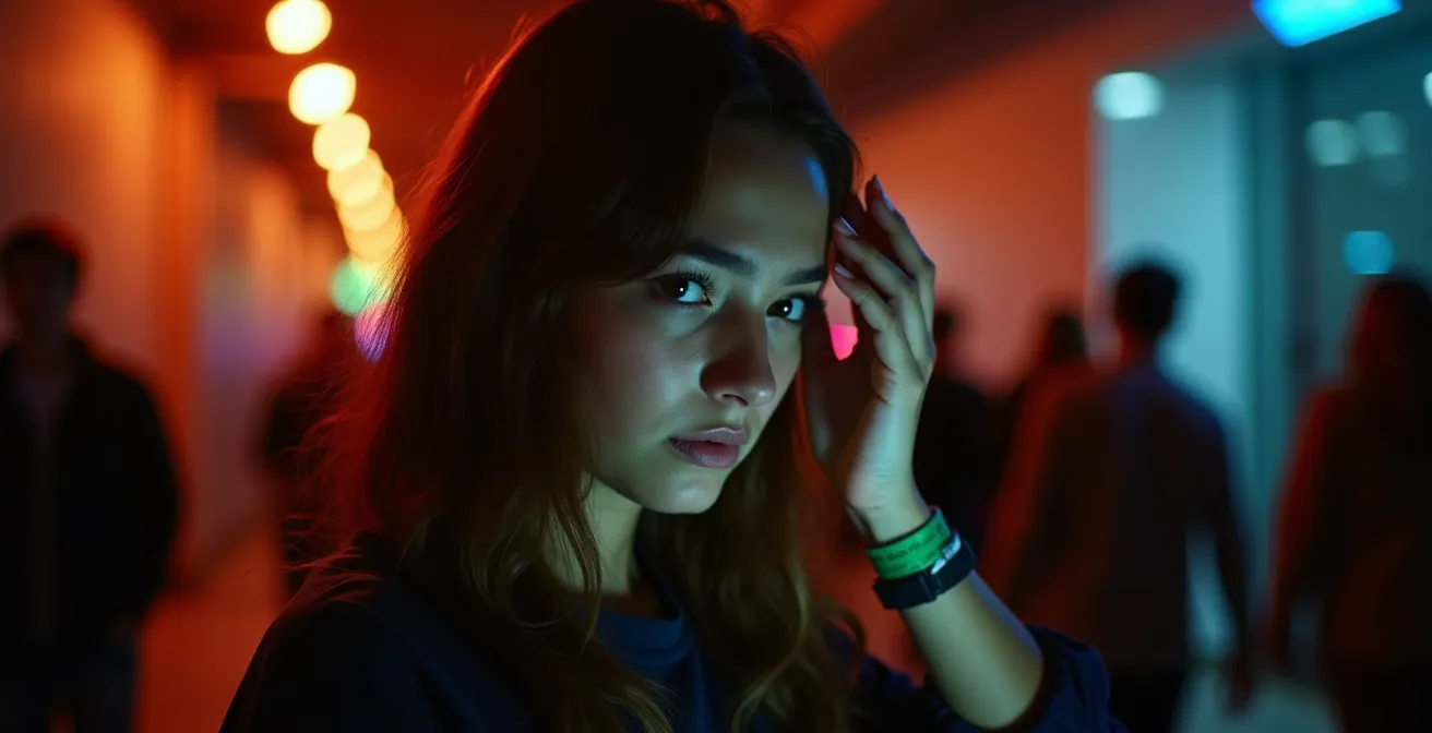 Concert-goer showing visible stress while looking at phone before show