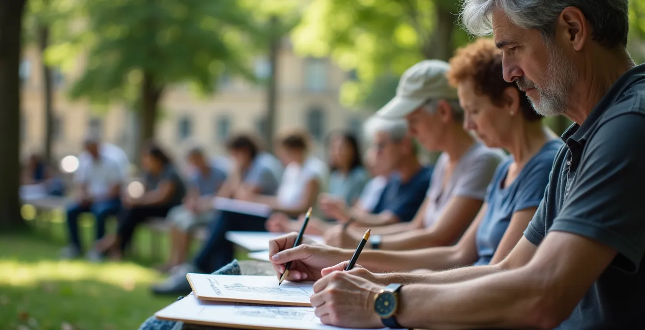 Diverse group of people sketching together in a park with art supplies scattered around