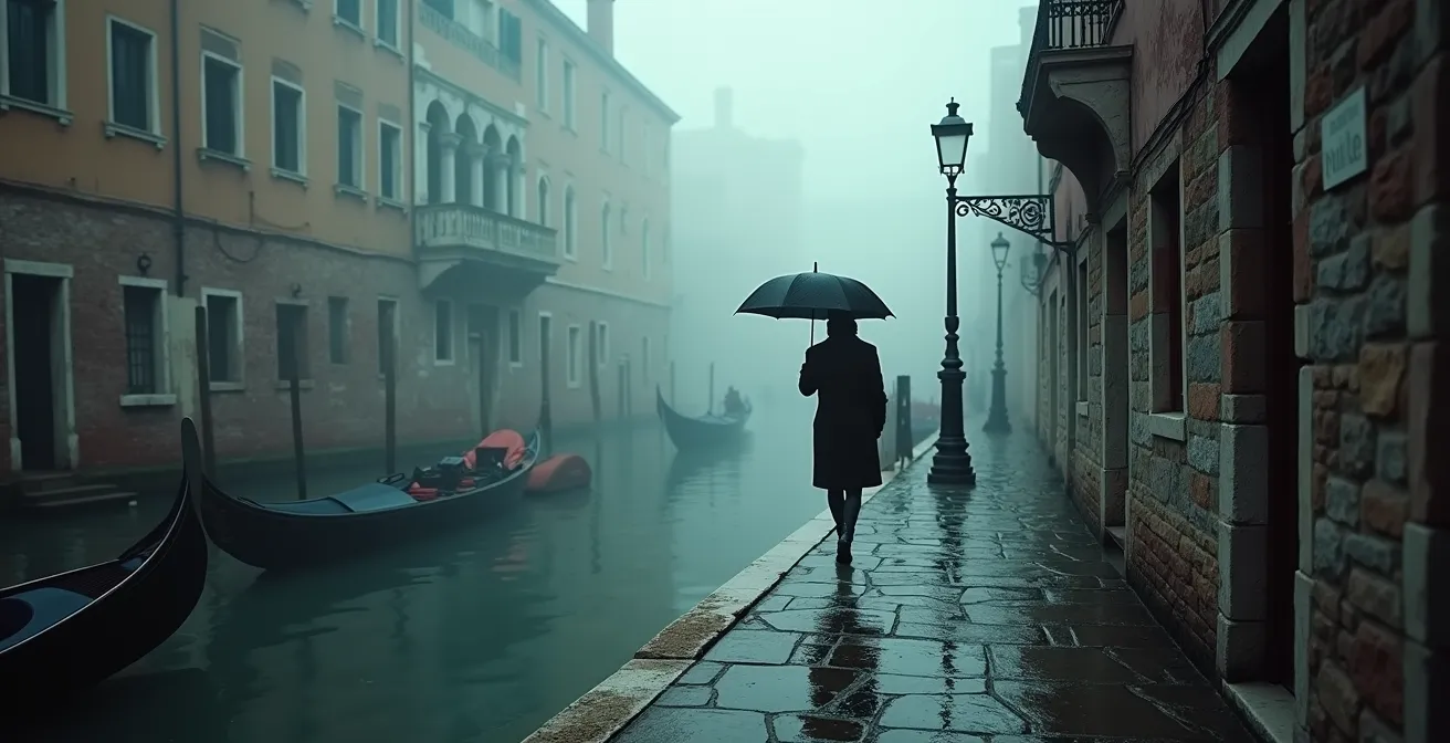 Misty Venice canal in November with empty gondolas and reflections on wet pavement