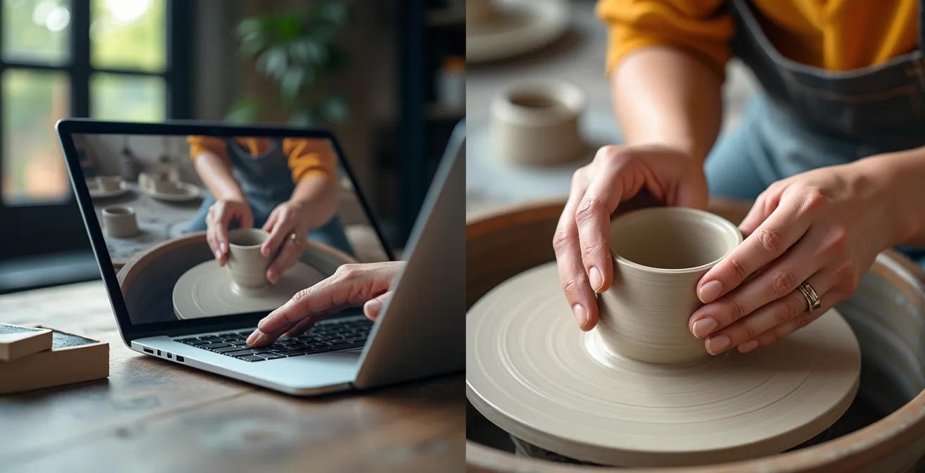 Split scene showing online pottery class on screen versus hands-on studio experience