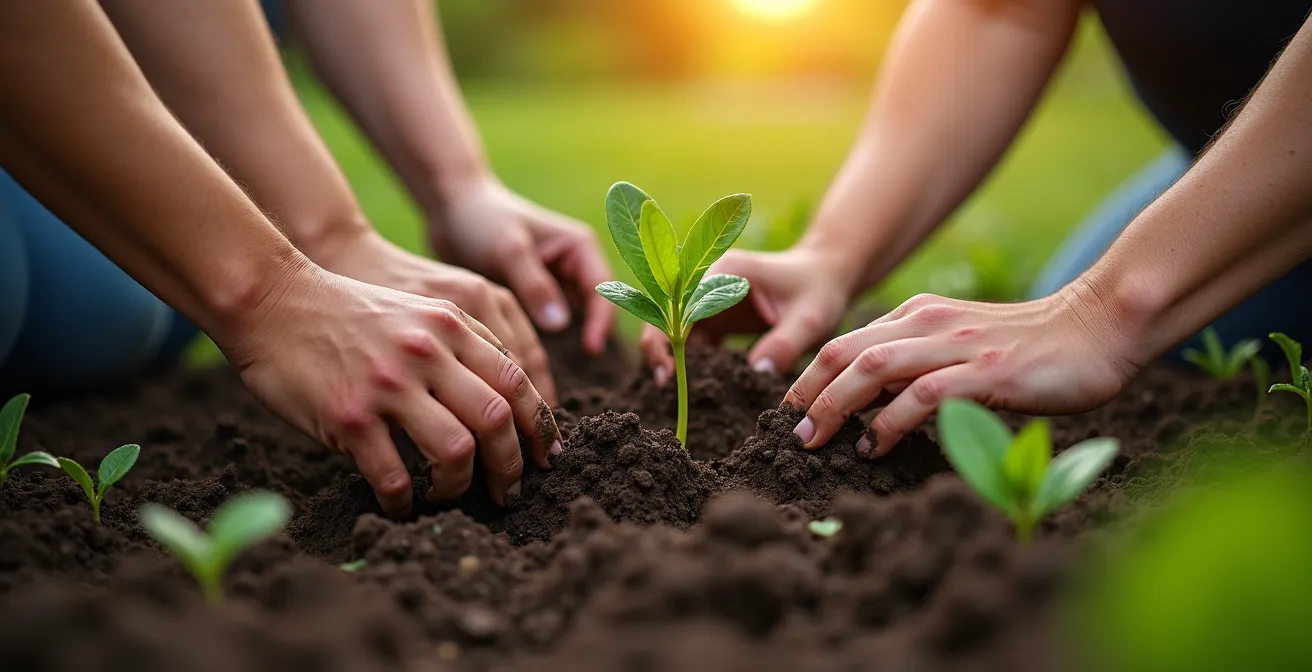 Diverse volunteers working together in a sunny community garden, their hands in the soil