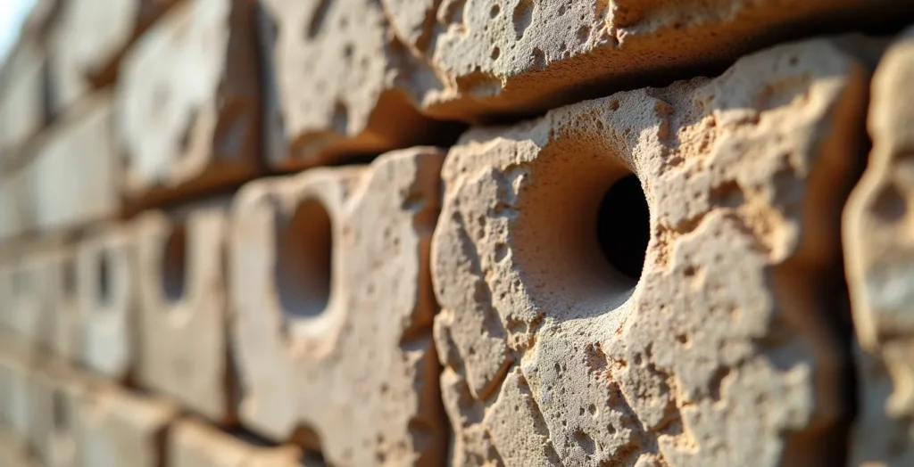 Close-up of ancient stone wall showing putlog holes and tool marks with dramatic lighting Close-up of ancient stone wall showing putlog holes and tool marks with dramatic lighting